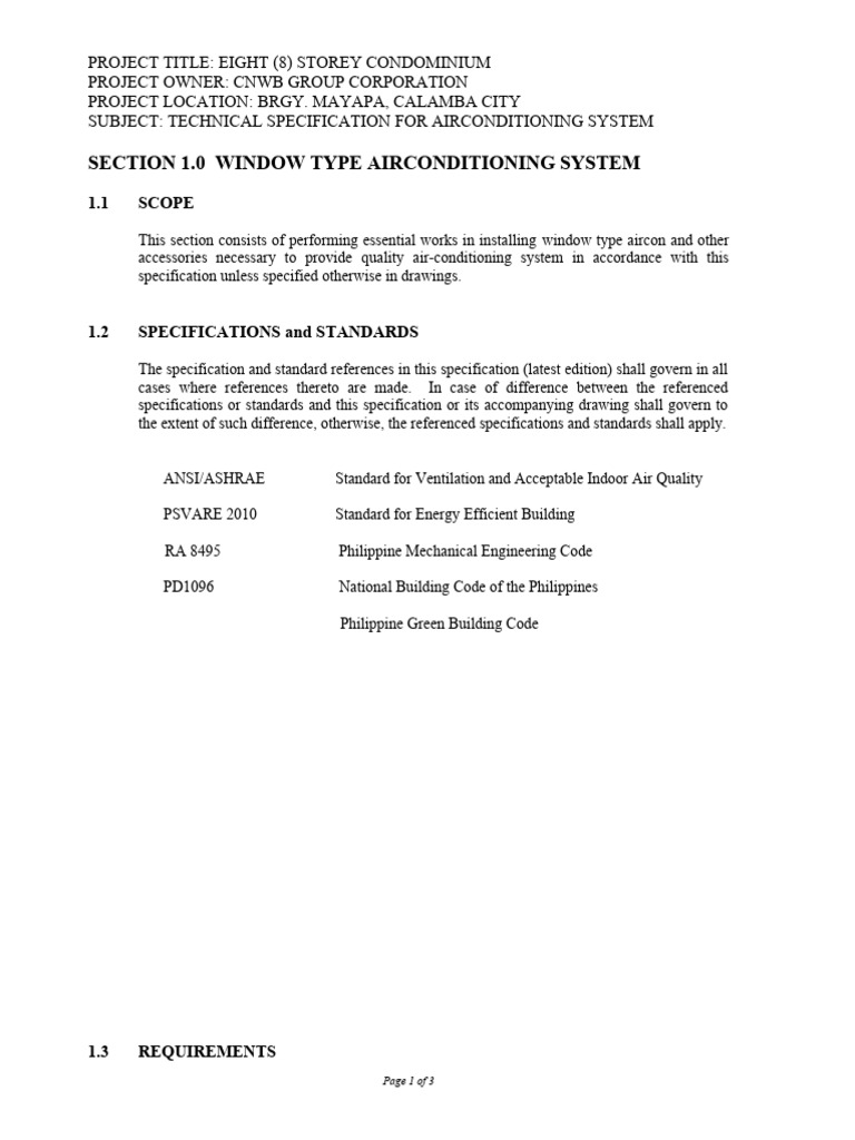 Air Conditioning Specs for 8-Storey Condo | PDF | Specification ...