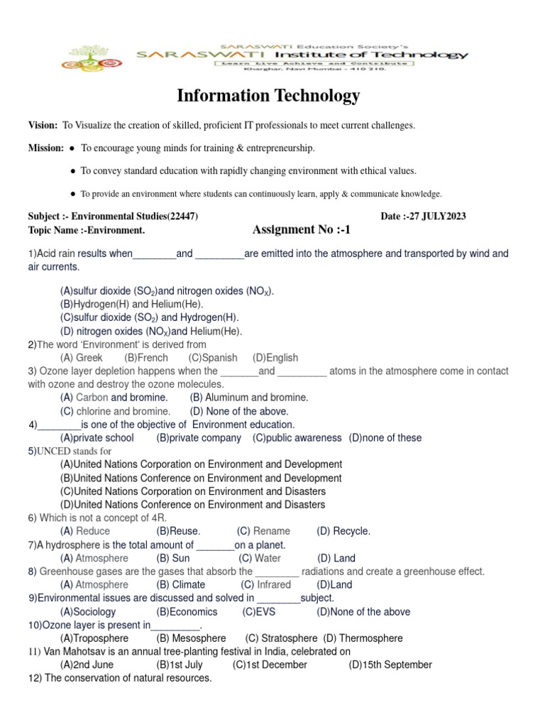 Evs Assignment Pdf Atmosphere Greenhouse Gas