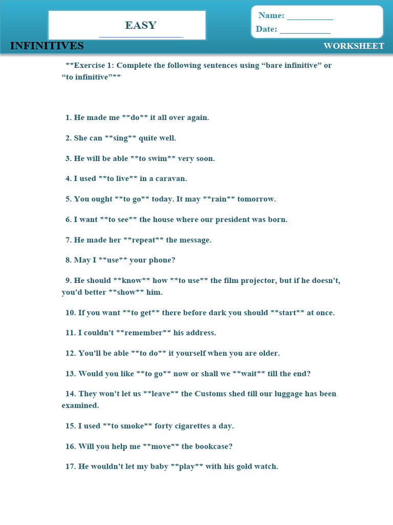 Infinitives - Worksheet 1 | PDF