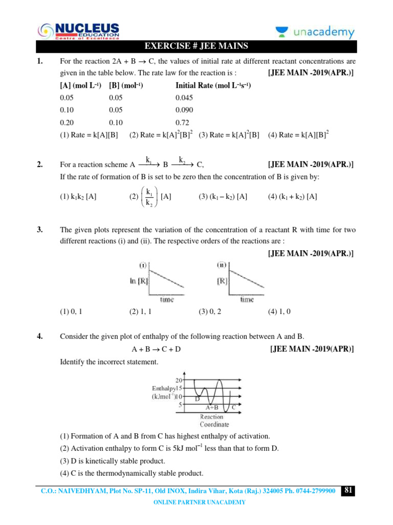 JEE Mains Kinetics Practice Questions | PDF | Physical Sciences ...