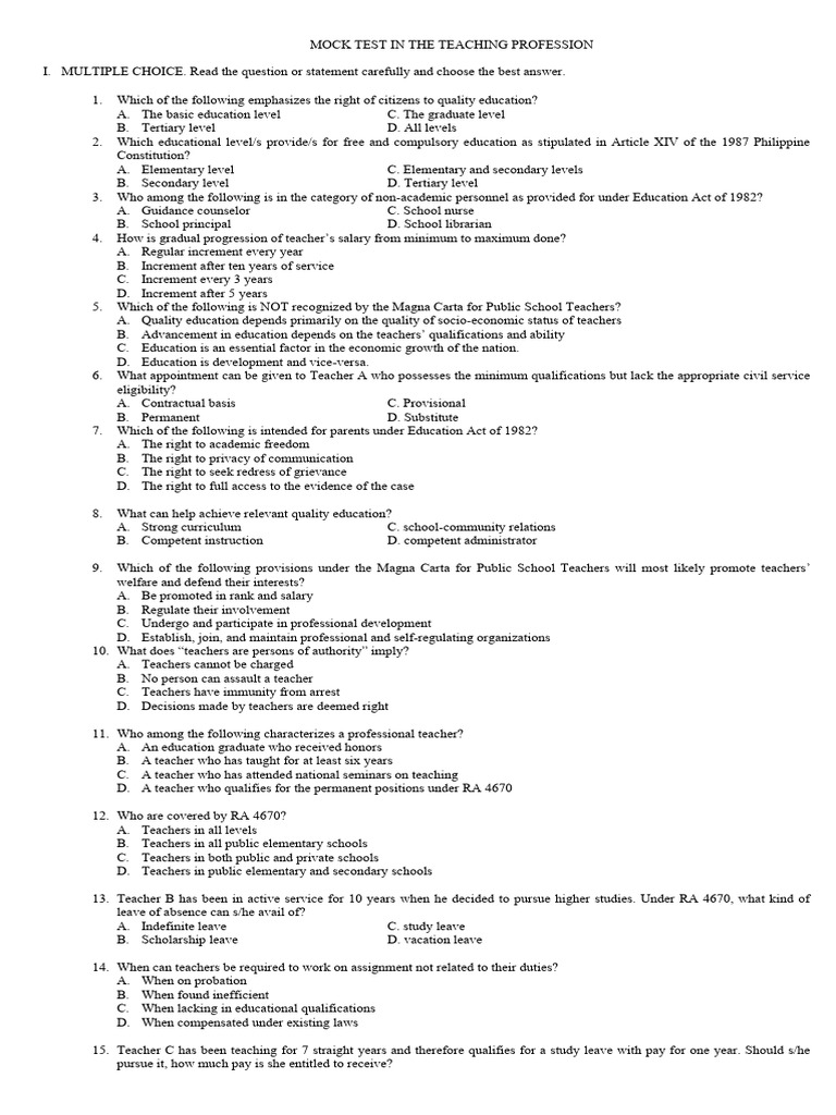 Teaching Profession Mock Test Guide | PDF | Teachers | Schools