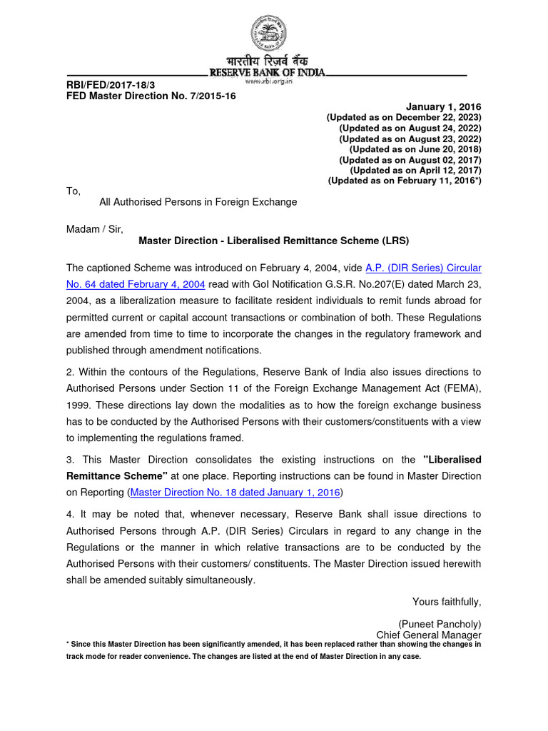 Master Direction on Liberalised Remittance | PDF | Banks | Insurance