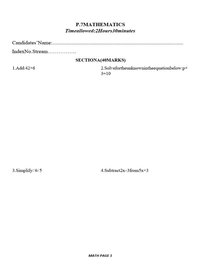 P.7 Math Special Pre - P.L.E Examinations - 1 | PDF | Teaching Methods ...