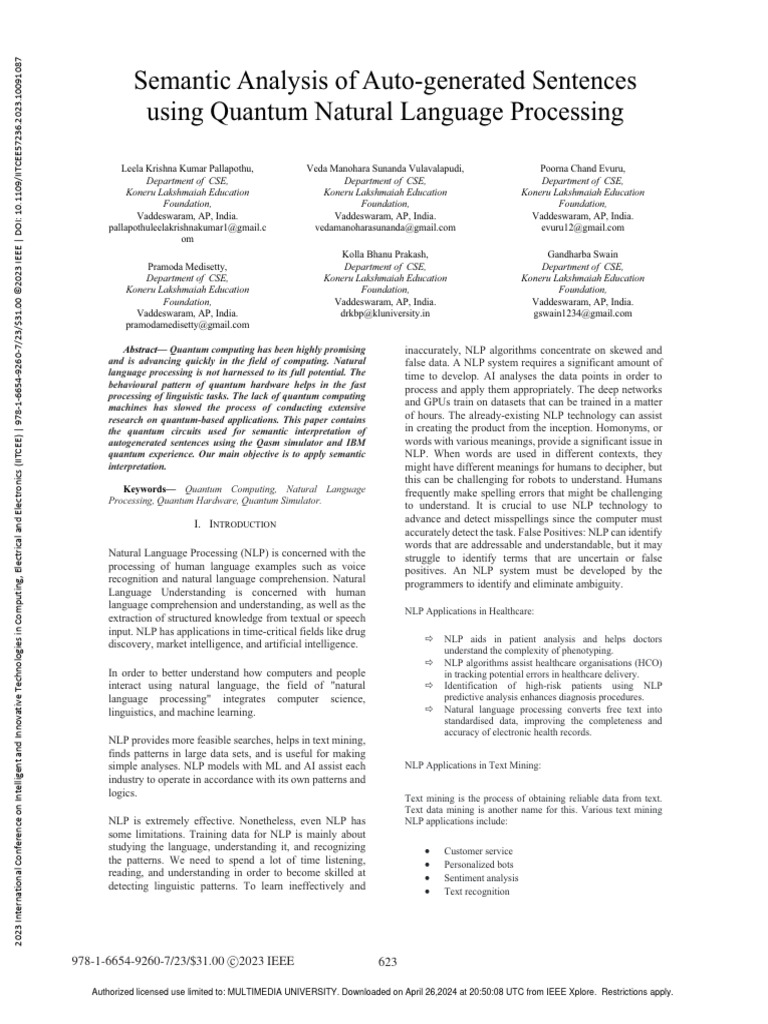 Semantic Analysis of Auto-Generated Sentences Using Quantum Natural ...