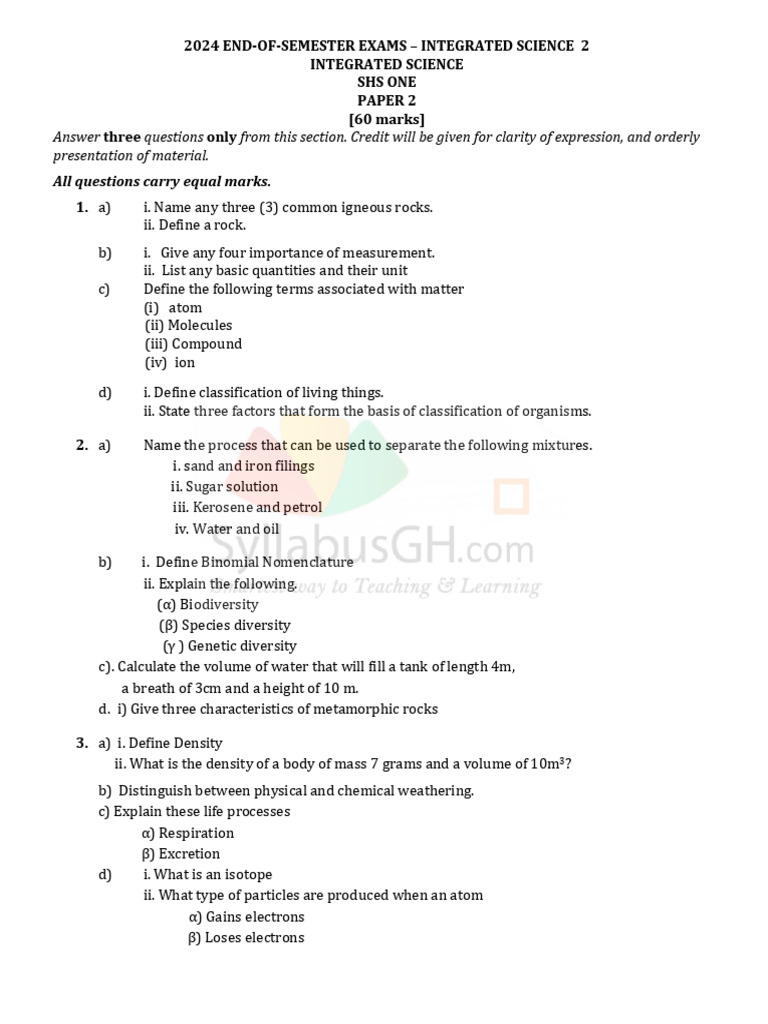 2024 Integrated Science Exam Paper 2 | PDF | Atoms | Electron