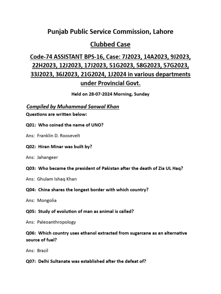 PPSC Assistant Exam Questions Compilation | PDF