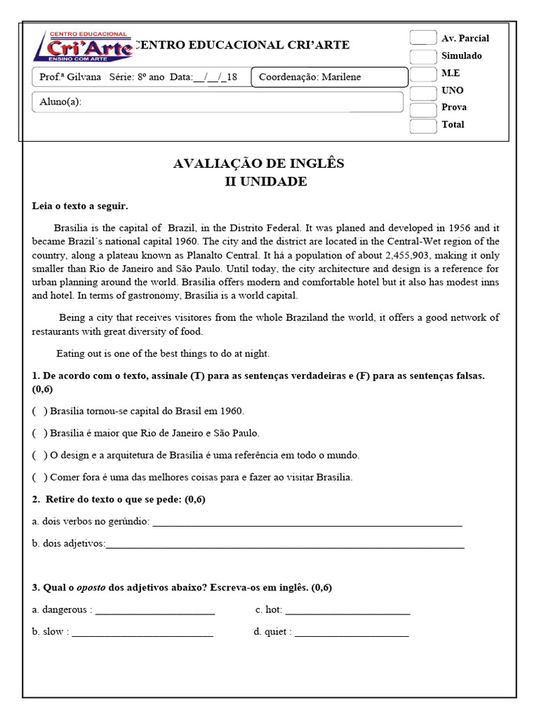 Avaliação de Inglês 8° Ano Ii Unidade | PDF | Brazil