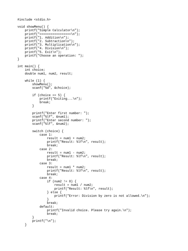 Simple C Calculator Program | PDF