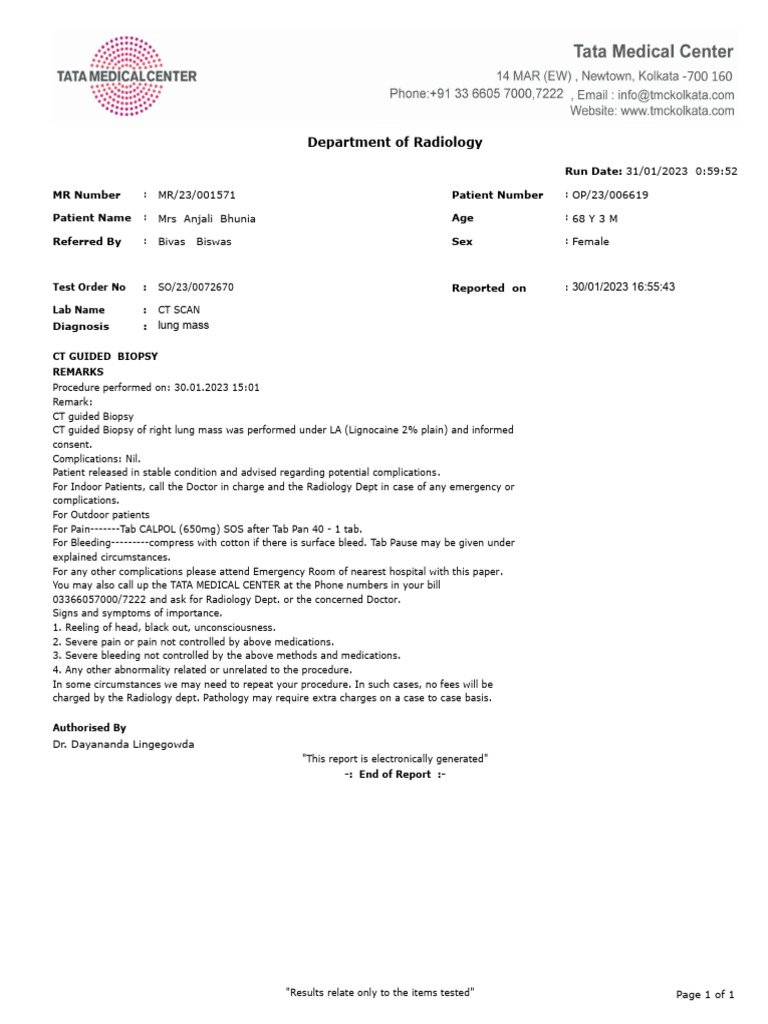CT Guided Biopsy Report for Lung Mass | PDF