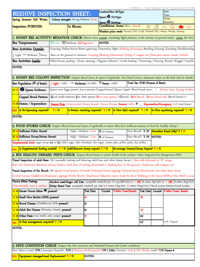 Beehive Inspection Checklist | PDF | Bees | Honey Bee