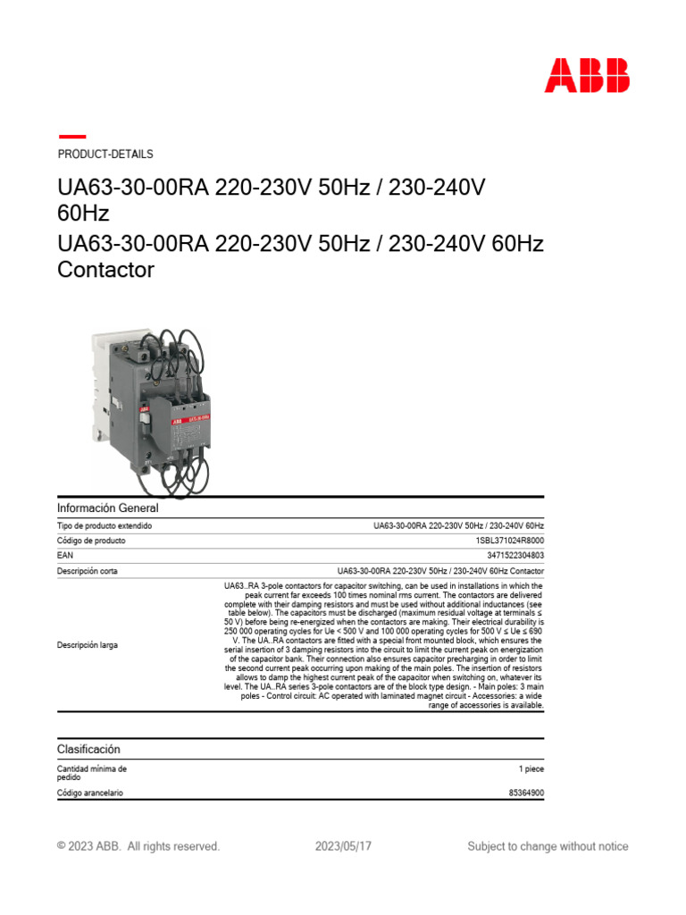 Catálogo Contactor ABB UA63-30-00RA | PDF | Cantidad | Cantidades fisicas