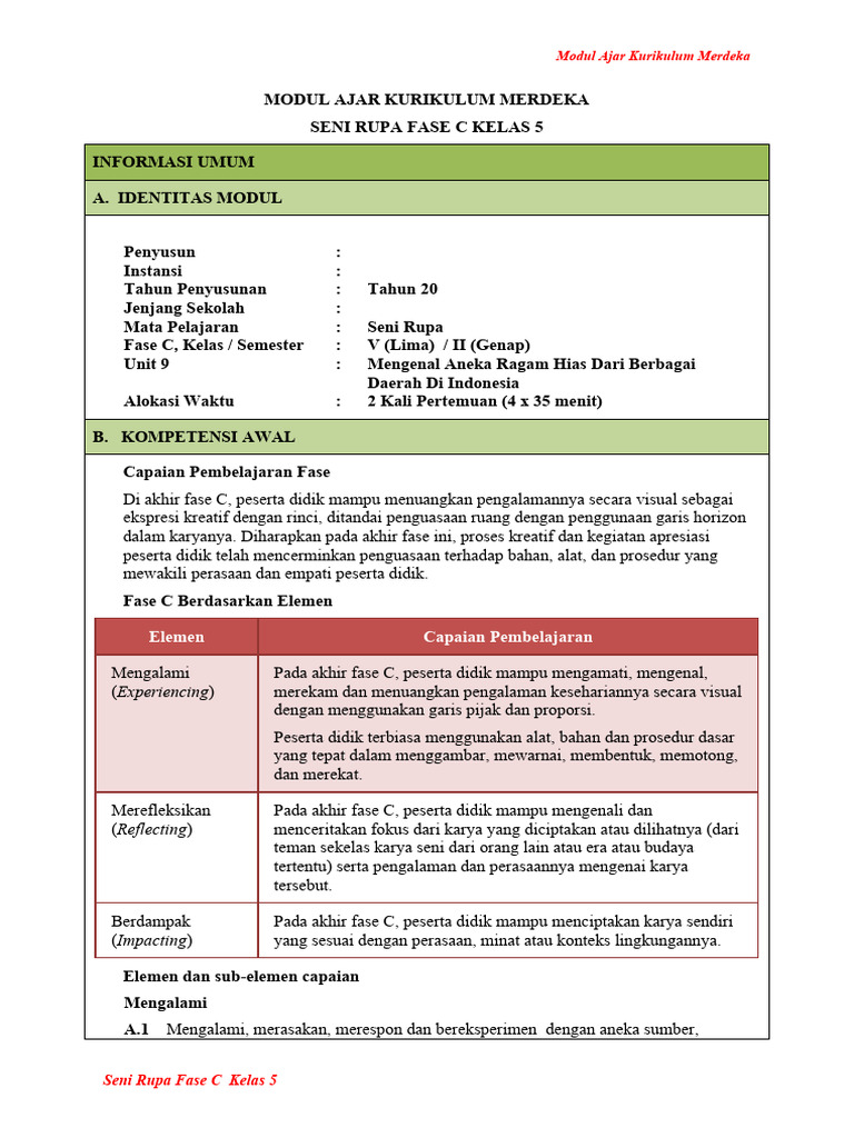Modul Ajar Seni Rupa Kelas 5 Fase C | PDF | Seni
