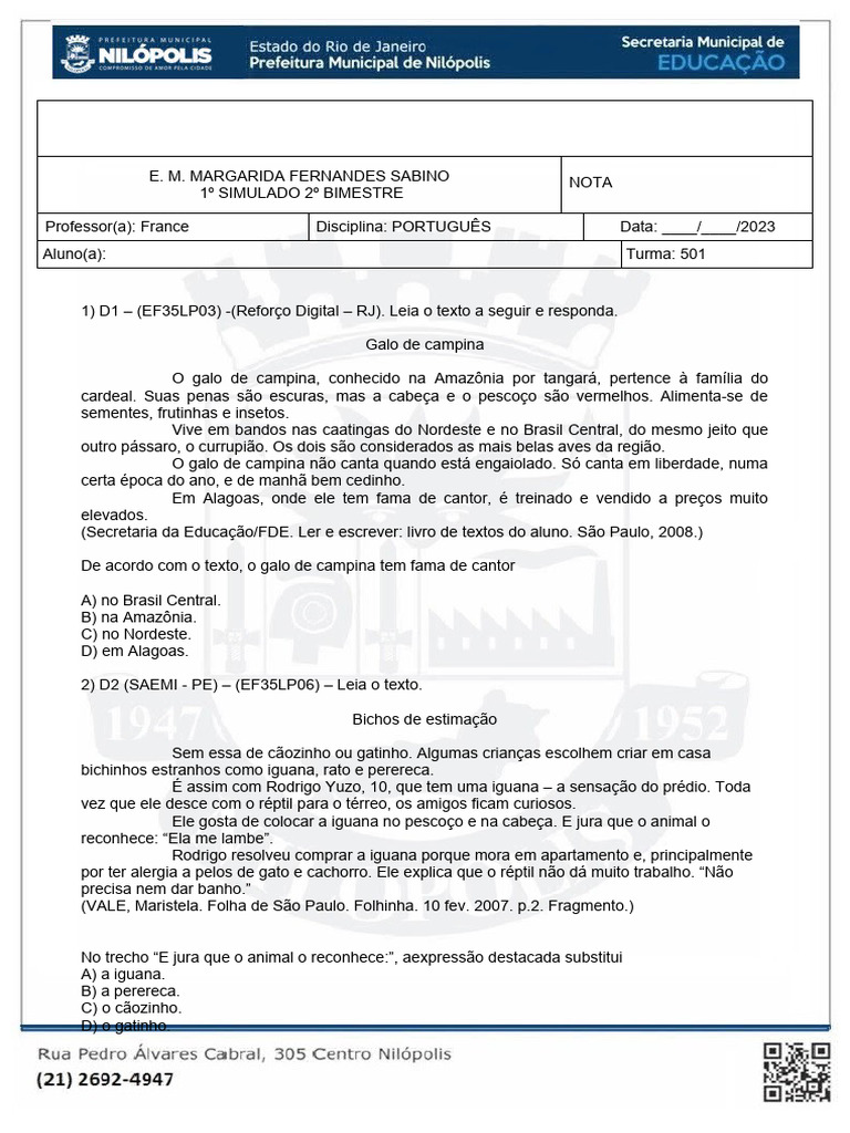 Simulado de Português 9º Ano | PDF | Artes Linguísticas e Disciplina
