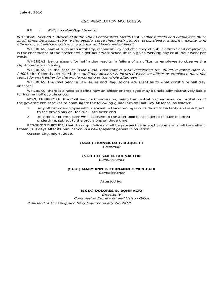 Csc Policy On Dtr