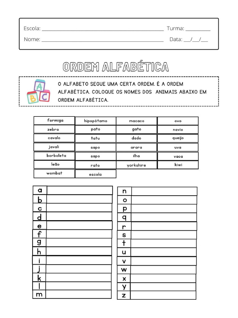 Atividade Ordem Alfabética | PDF