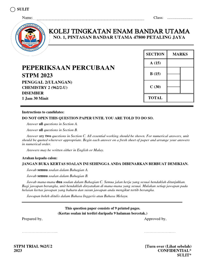 STPM Chem 962-2U KT6BU 2023 | PDF | Chlorine | Electrochemistry