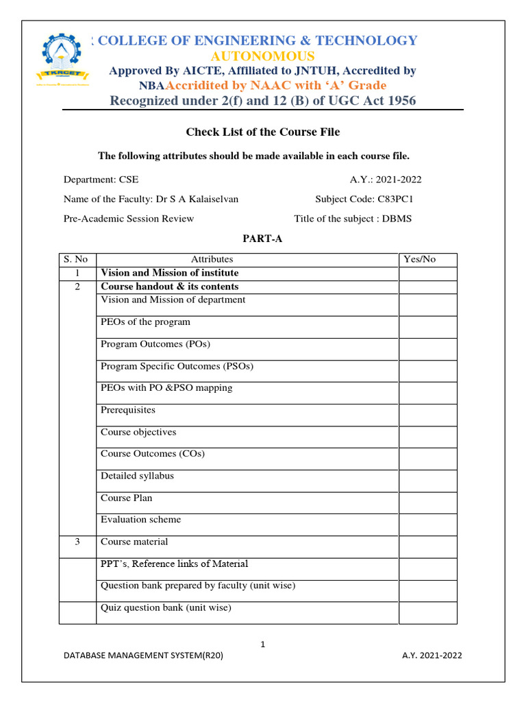 DBMS Course File Checklist 2021-22 | PDF | Relational Database ...