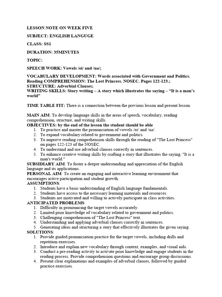 Lesson Note On Week Five | PDF | Adverb | Reading Comprehension
