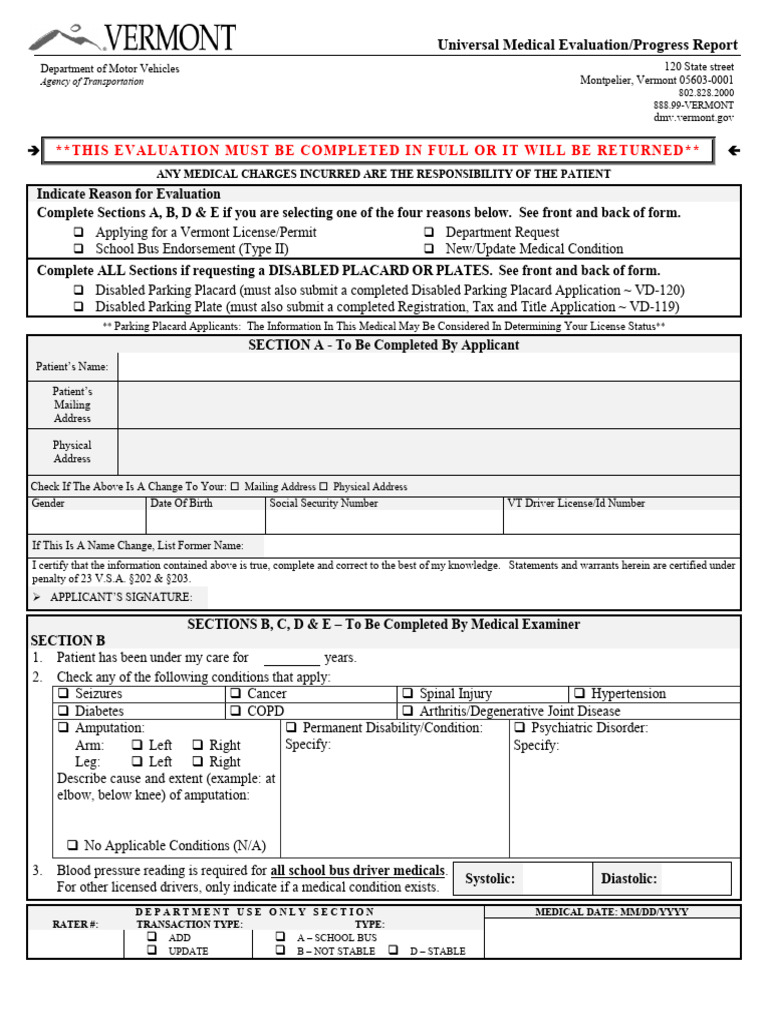Vermont Medical Evaluation Form | PDF | Clinical Medicine | Medicine
