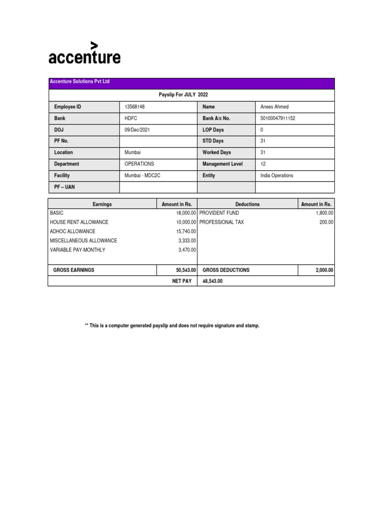 Accenture Payslip Overview - July 2022 | PDF