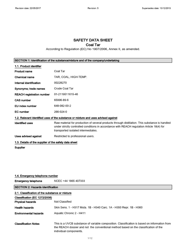 SDS Coal Tar EN No Customer Name | PDF | Dangerous Goods | Toxicity