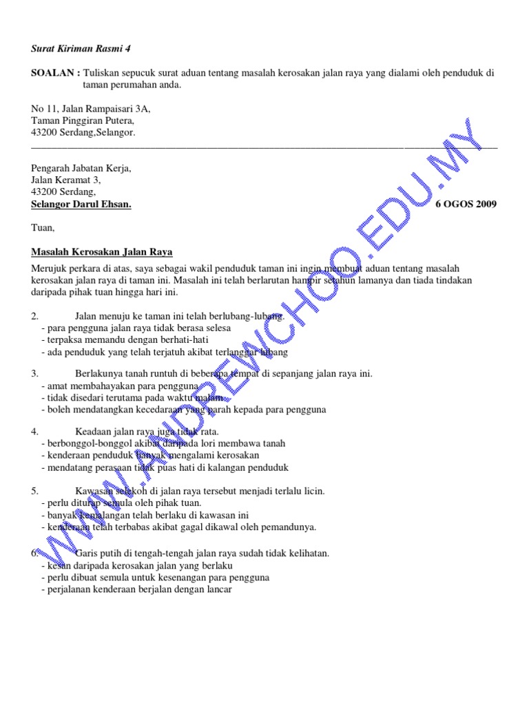 Surat Rasmi Masalah Kerosakan Jalan Raya Pdf