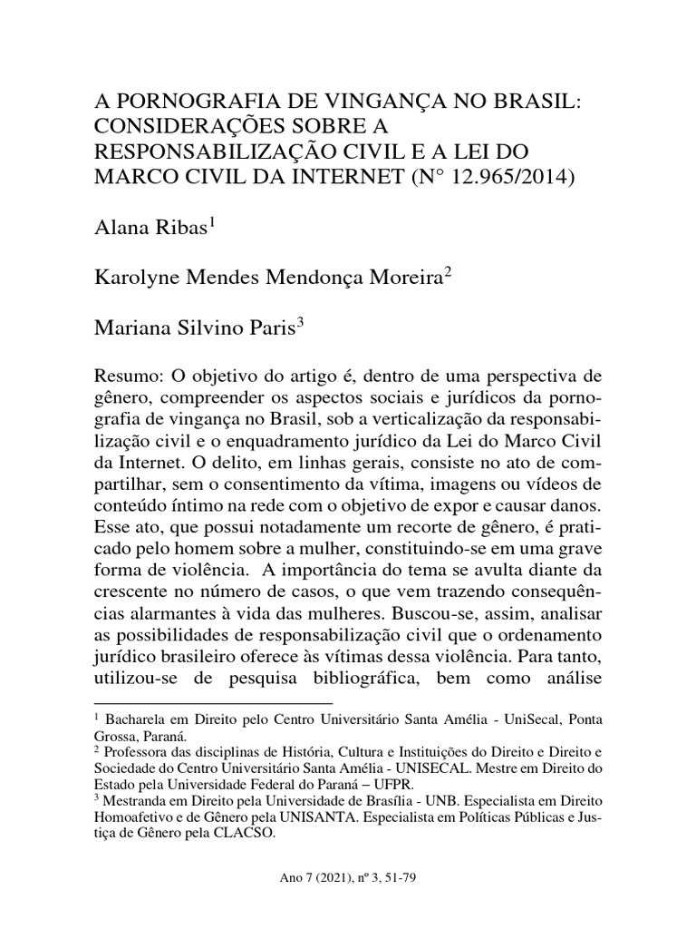 A Pornografia de Vingança No Brasil - Considerações Sobre A Responsabilização Civil e A Lei Do