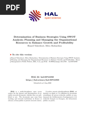 Taherdoost, H., & Madanchian, M. (2021). Determination of Business Strategies Using Swot Analysis; Planning and Managing the Organizational Resources to Enh