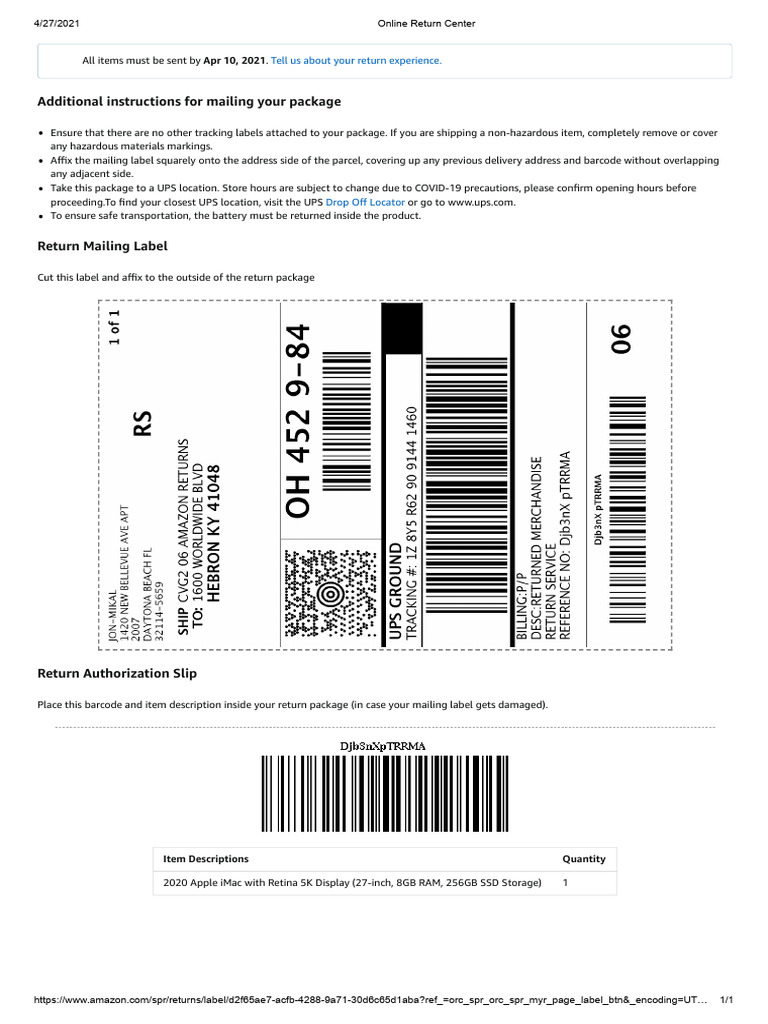 RETURN LABEL Online Return Center | PDF