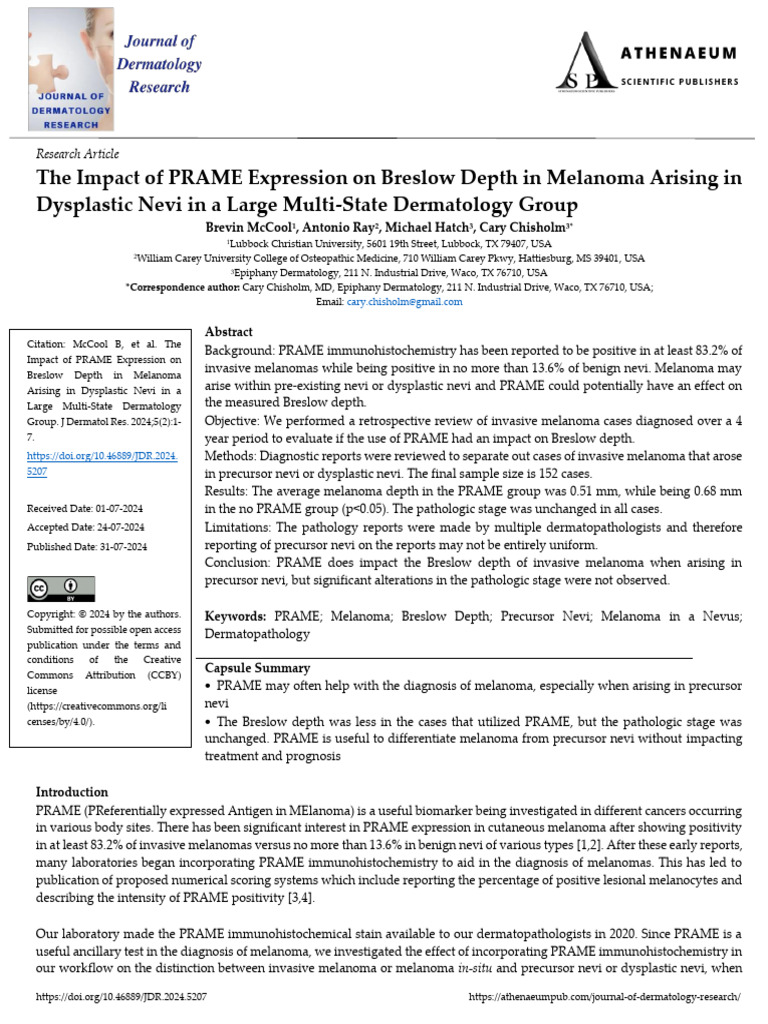 The Impact of PRAME Expression On Breslow Depth in Melanoma Arising in ...