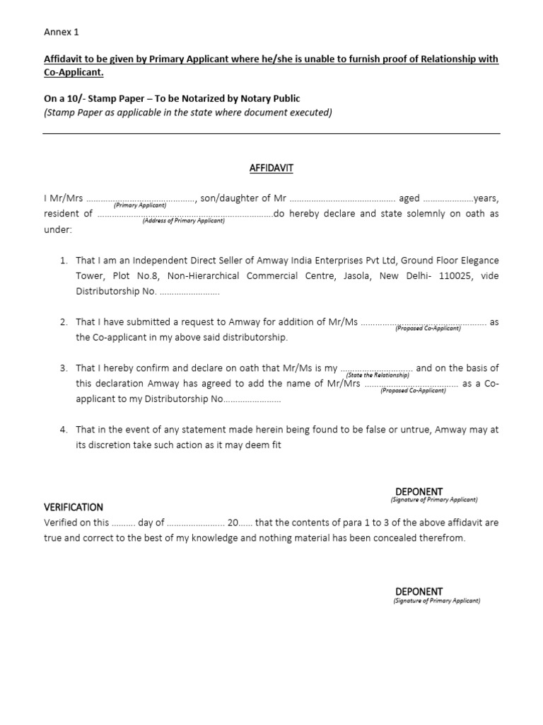 Affidavit for Co-Applicant Relationship | PDF