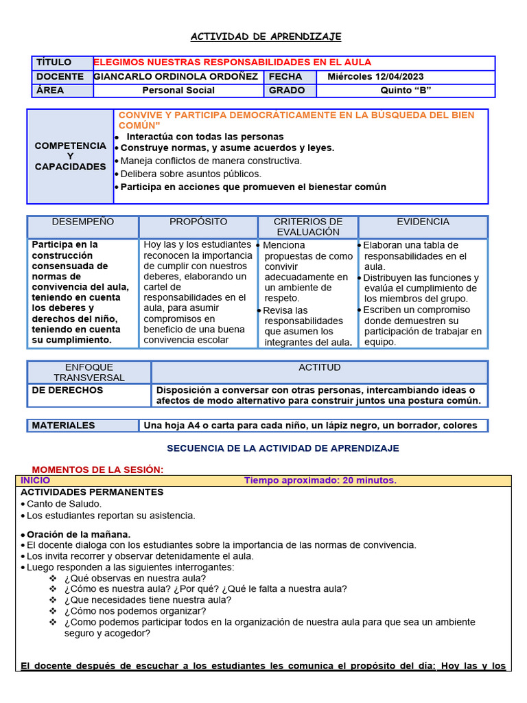 Responsabilidades en el Aula Escolar | PDF | Salón de clases | Aprendizaje