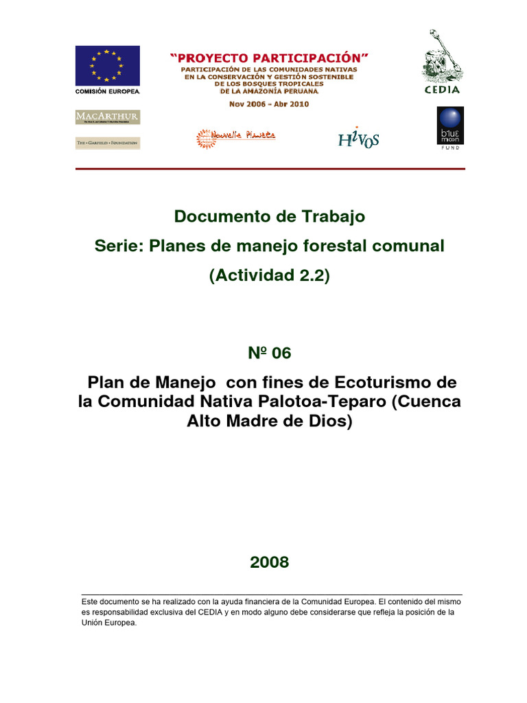 Plan de Manejo Con Fines de Ecoturismo de La Comunidad Nativa Palotoa ...