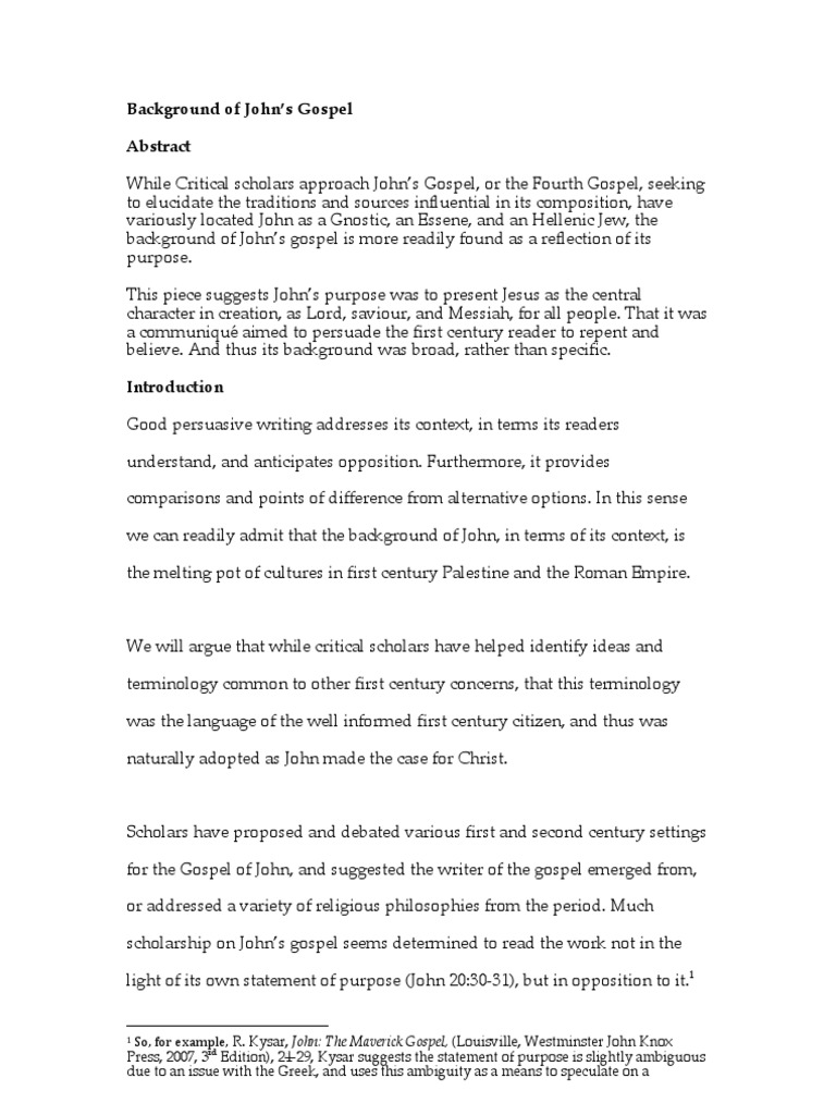 The Background and Purpose of John's Gospel PDF Gospel Of John