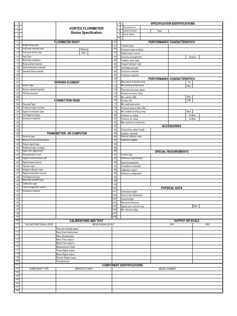 Vortex Flowmeter Specification Sheet | PDF | Flow Measurement | Calibration