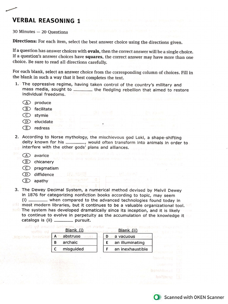 Verbal Reasoning 1 Test | PDF