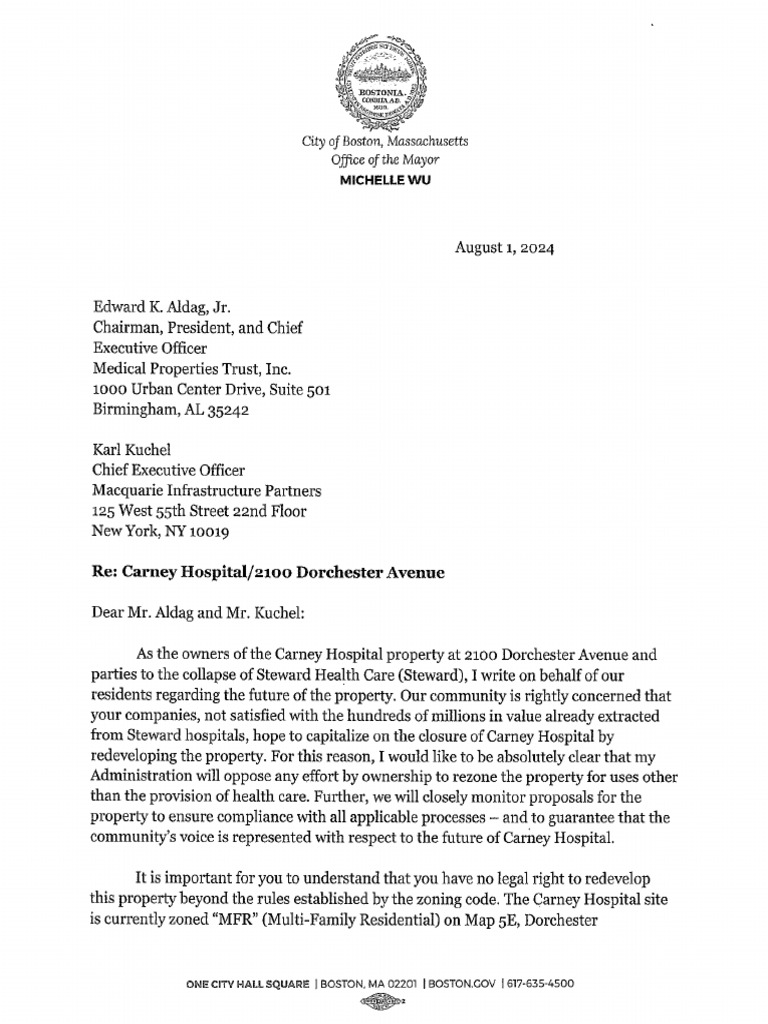 Wu Pens Scathing Letter To Carney Hospital Owners Demanding Property Be