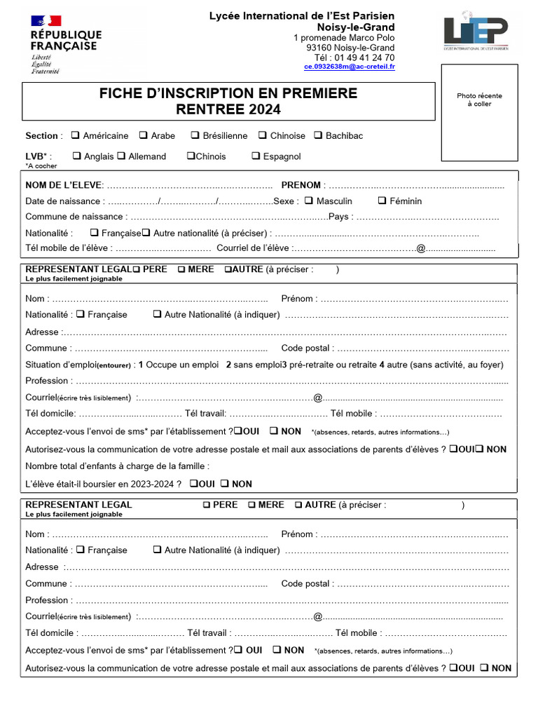 Fiche d'inscription Lycée International 2024 | PDF