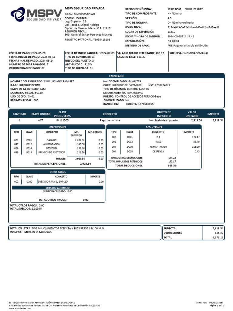 Recibo de Nómina MSPV Seguridad Privada | PDF | Economias | Sueldos y ...