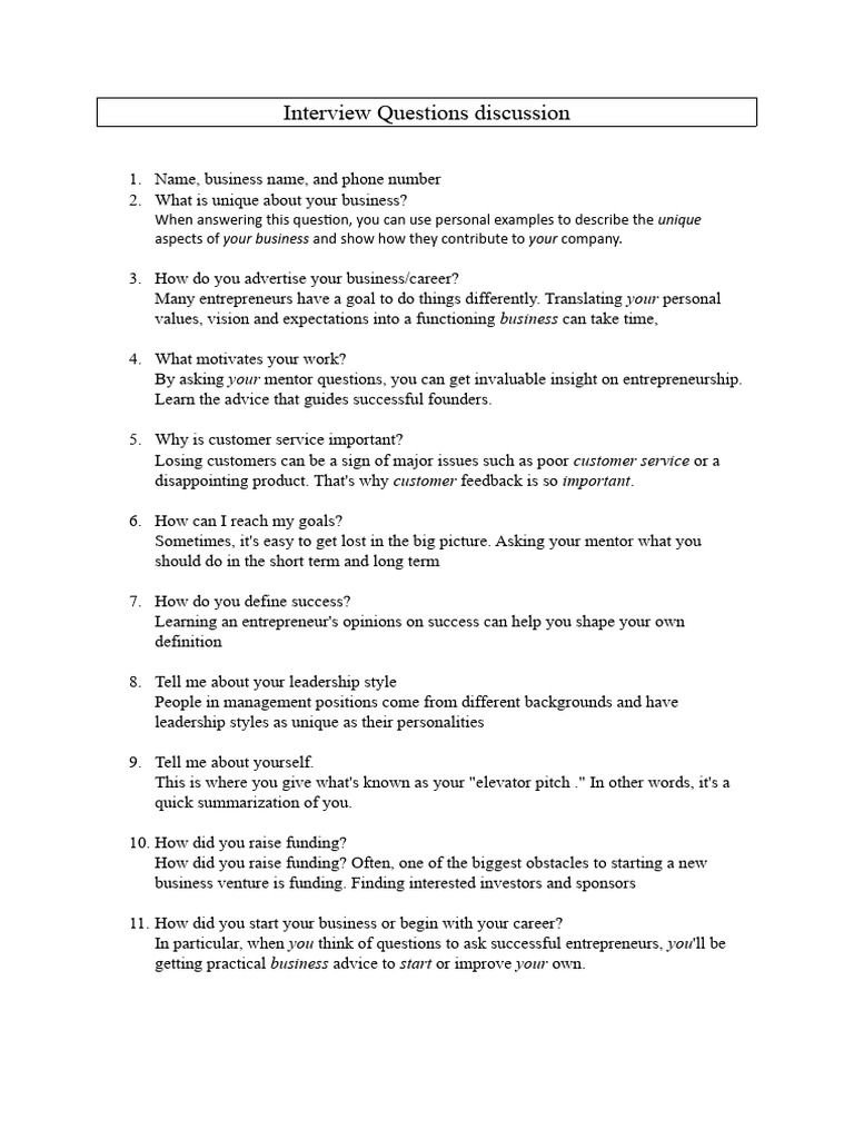 Essential Entrepreneur Interview Questions | PDF | Entrepreneurship ...