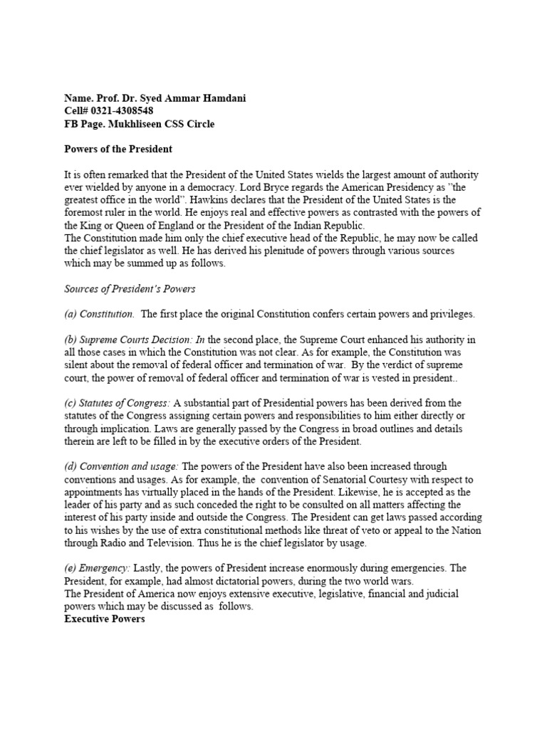 Powers of American President | PDF | Presidents Of The United States ...