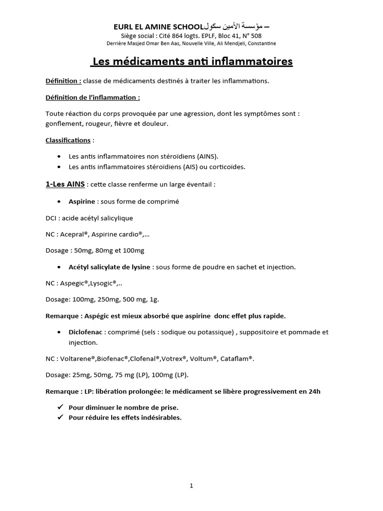 Les Anti Inflammatoires | PDF | Anti-inflammatoire non stéroïdien ...