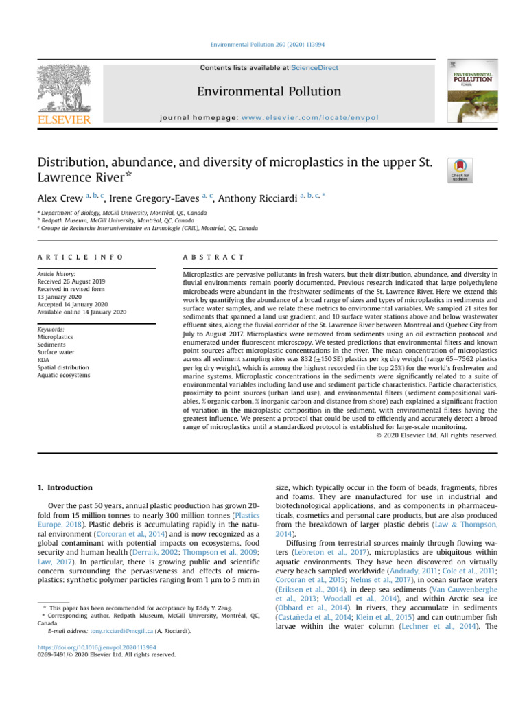 Distribution, Abundance, And Diversity of Microplastics in the Upper St ...