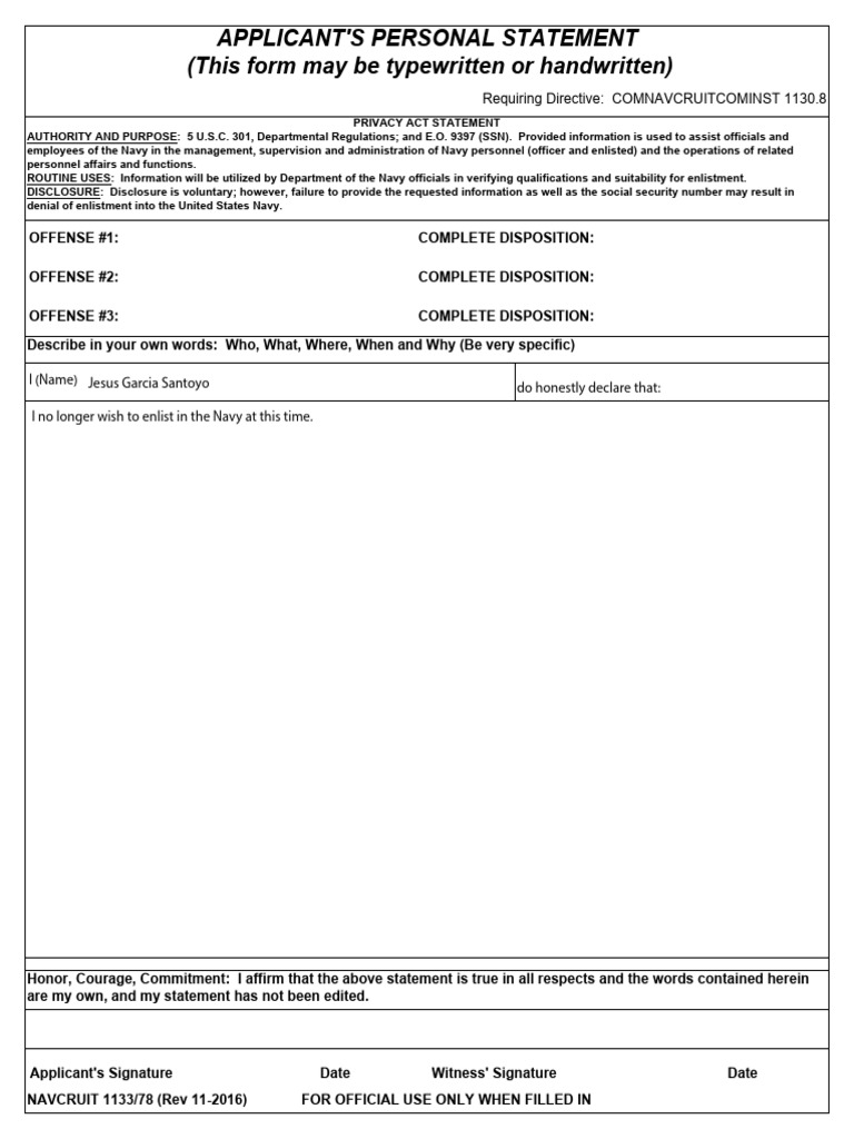Navy Applicant Personal Statement Form | PDF