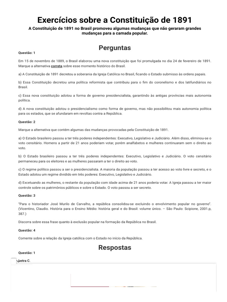 Exercícios sobre a Constituição de 1891. Constituição de 1891 | PDF ...