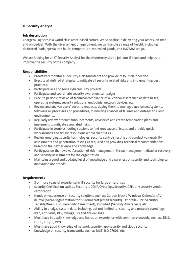 IT Security Analyst Job at Charger4 Logistics | PDF | Computer Security ...