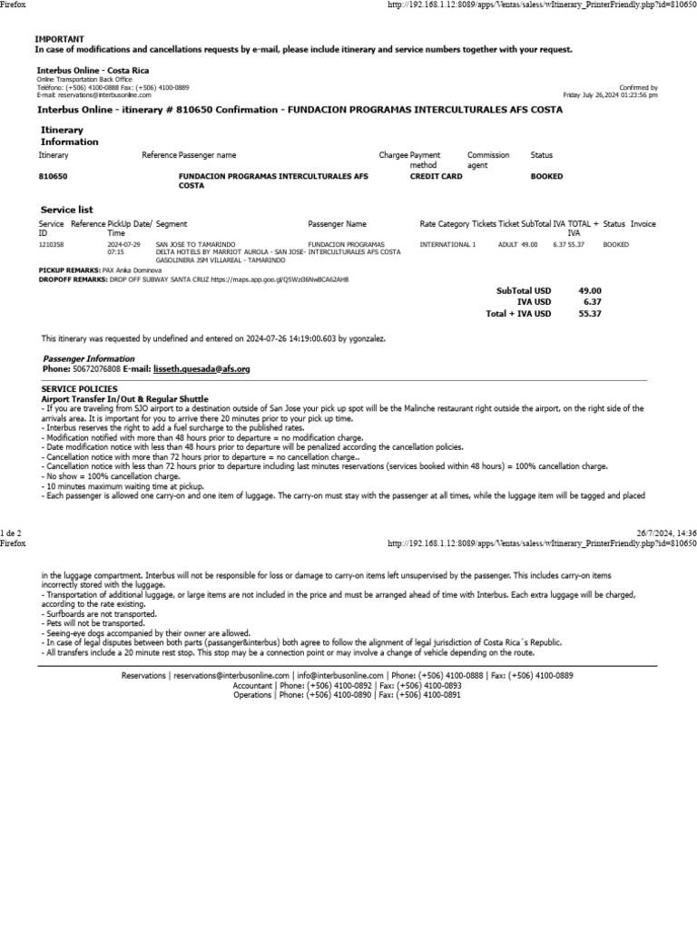 Interbus Online - Itinerary #810650 Confirmation - FUNDACION PROGRAMAS ...