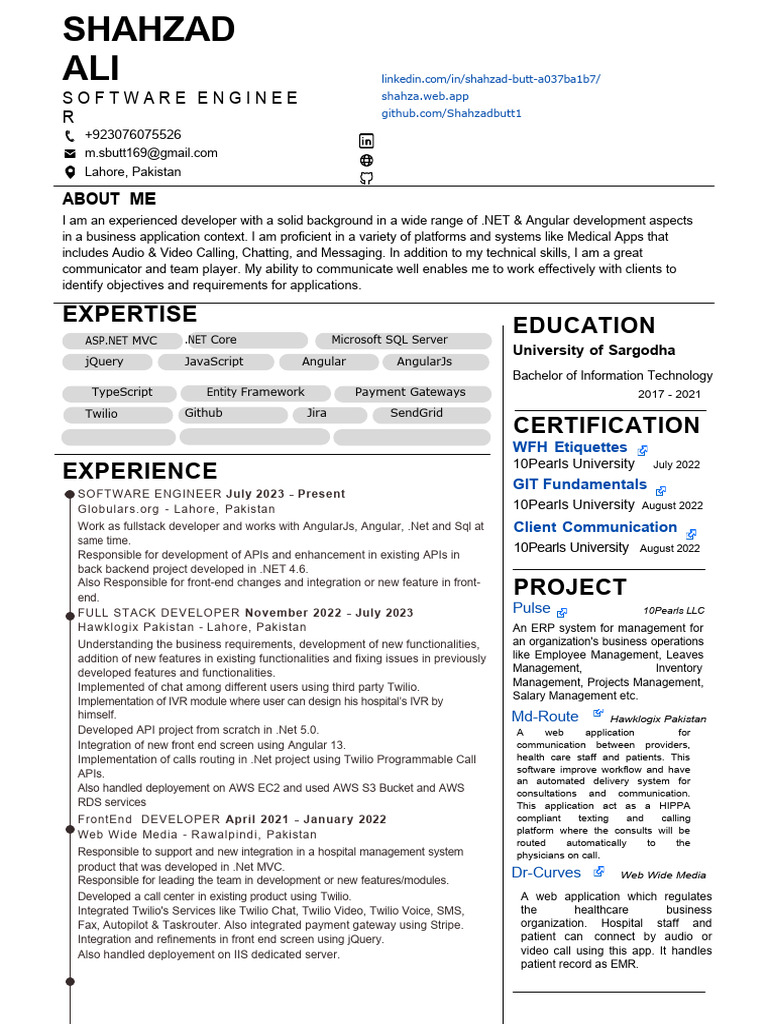 Shahzad Butt: Full Stack Developer Profile | PDF | Angular Js ...