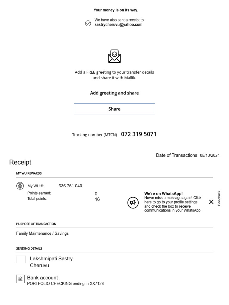 Western Union Transfer Receipt Details | PDF | Credit Card | Debit Card