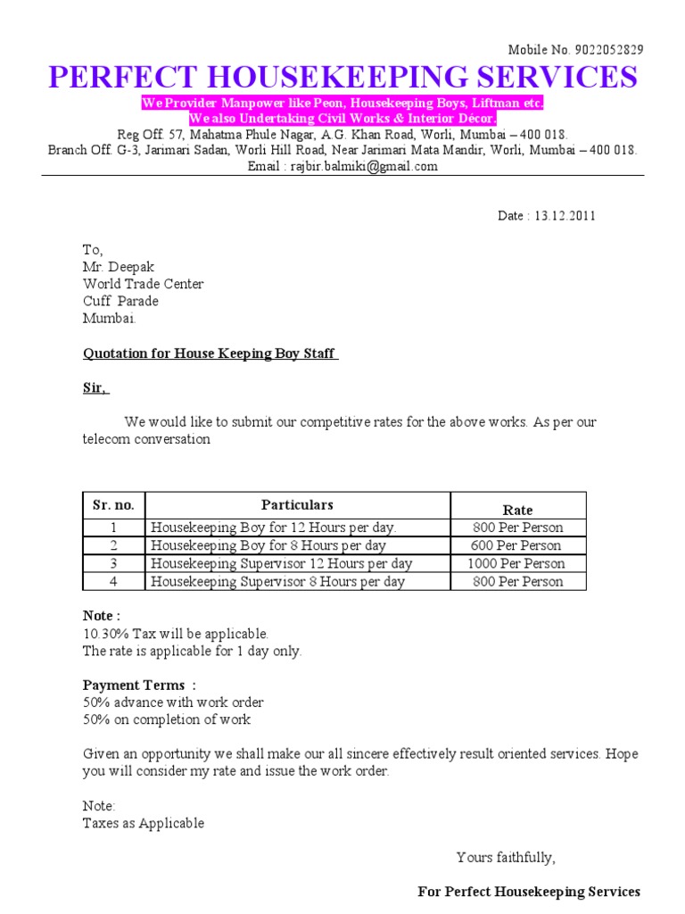 Housekeeping Services Quotation | PDF | Law